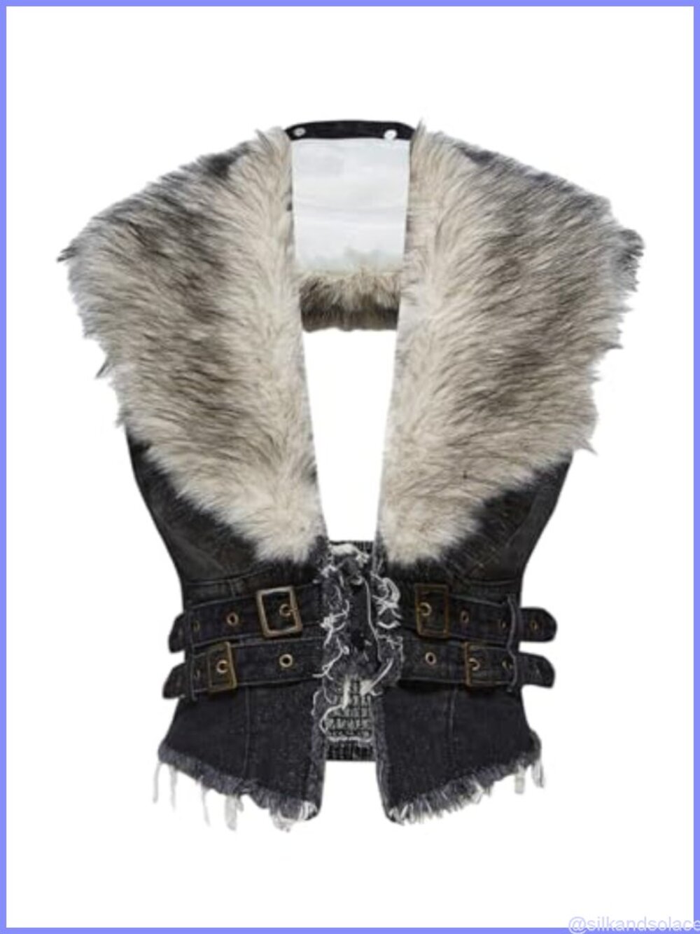 Cropped Sleeveless Denim Vest Y2K Fur Trim Backless Clubbing Top